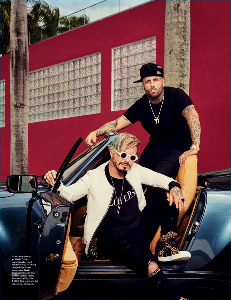 Left to Right: J Balvin sports an AMIRI t-shirt with a 3.1 Phillip Lim jacket and Gosha Rubchinskiy sunglasses. Nicky Jam wears a City Lab t-shirt and Sal the Jeweler necklace.