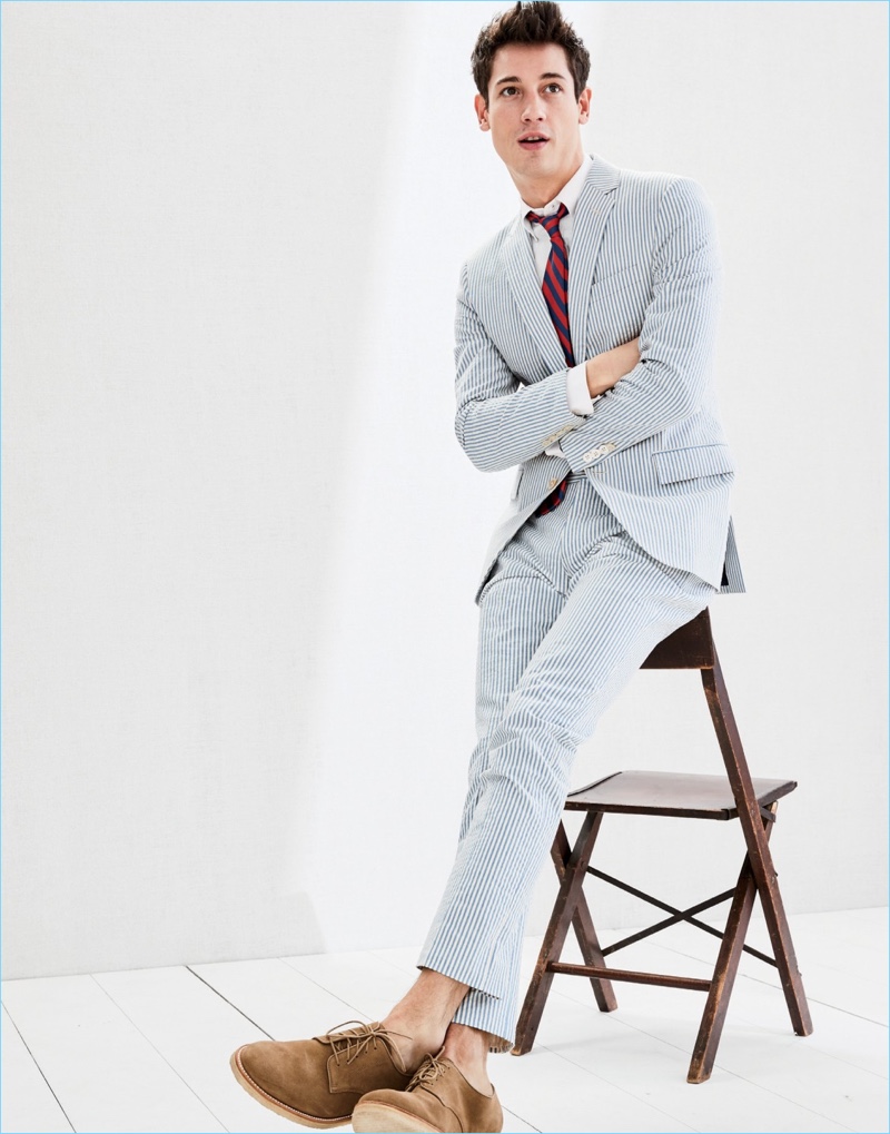 Argentinean model Nicolas Ripoll is front and center in a Ludlow Japanese seersucker suit. Nicolas also sports a Ludlow cotton oxford shirt, an English silk repp tie, and Kenton crepe-sole bucks. 