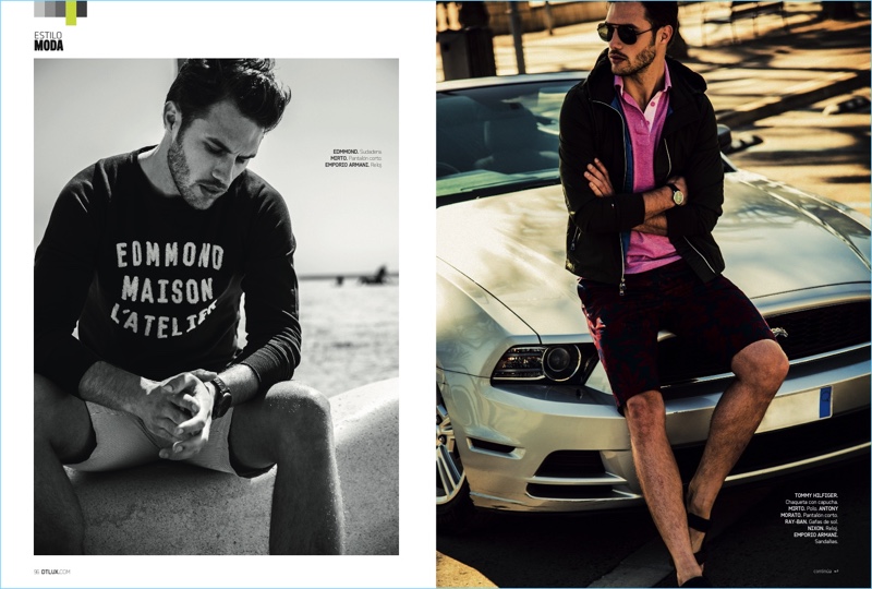 Left to Right: Jábel Balbuena sports an Edmmond sweater with striped Mirto shorts, and an Emporio Armani watch. Relaxing on the hood of a car, Jábel wears a Tommy Hilfiger jacket, Mirto polo, Antony Morato shorts, and Ray-Ban sunglasses. Jábel also accessorizes with a Nixon watch and Emporio Armani sandals.