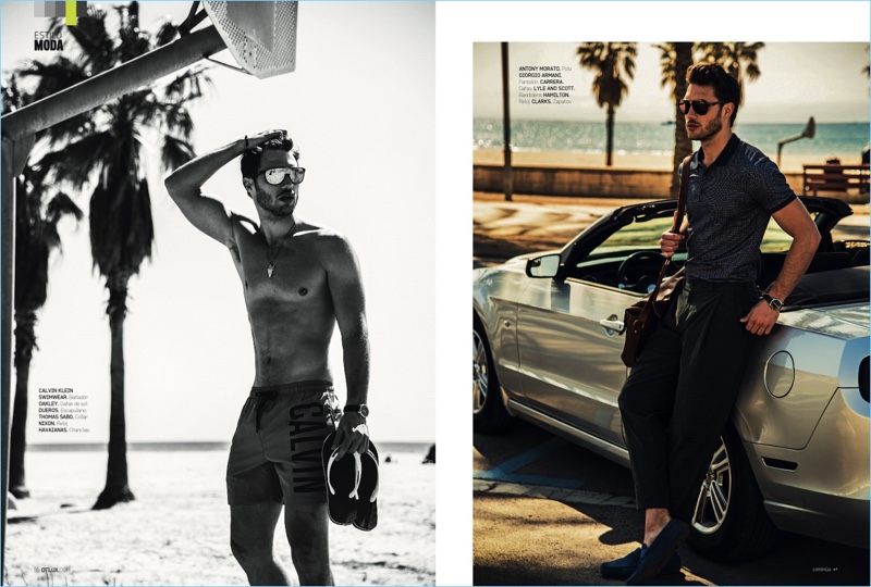 Left to Right: Taking to the beach, Jábel Balbuena sports Calvin Klein swim shorts with Oakley sunglasses and Havaianas sandals. Jábel also wears a Thomas Sabo necklace, Dueros bracelet, and Nixon watch. Posing outside a convertible, Jábel dons an Antony Morato polo with Giorgio Armani trousers and Carrera sunglasses. Jábel accessorizes with Lyle & Scott sunglasses, a Hamilton watch, and Clarks shoes.