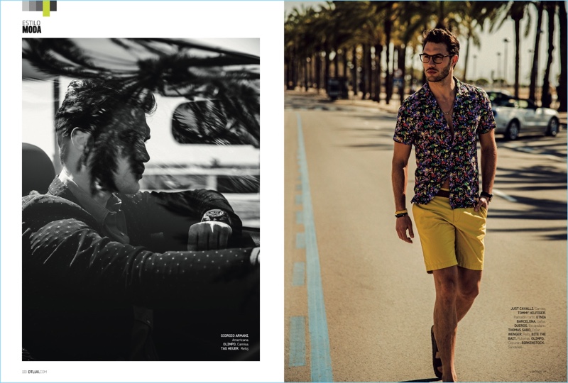 Left to Right: Going for a cruise, Jábel Balbuena wears a Giorgio Armani blouson jacket with an Olimpo shirt and TAG Heuer watch. Taking a stroll, Jábel rocks a Just Cavalli floral print shirt with Tommy Hilfiger shorts. Jábel also wears a Etnia Barcelona glasses, a Dueros bracelet, Thomas Sabo necklace, Wenger watch, and Birkenstock sandals.