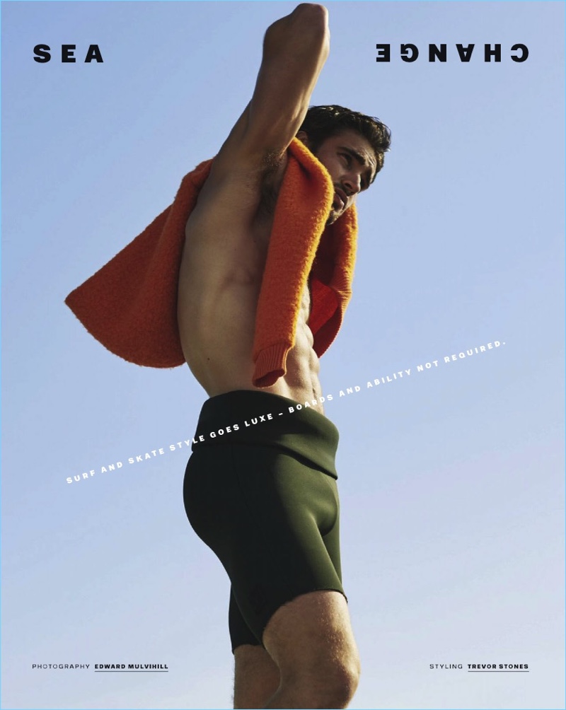 Jack Tyerman sports a hoodie and nylon fold-over wet shorts by EX Infinitas.
