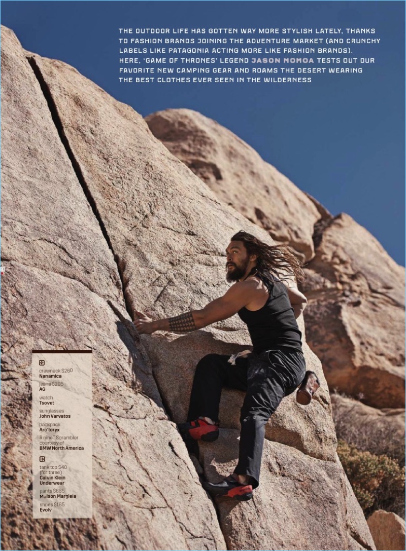 Rock climbing, Jason Momoa sports a Calvin Klein Underwear tank with Maison Margiela pants and Evolv shoes.