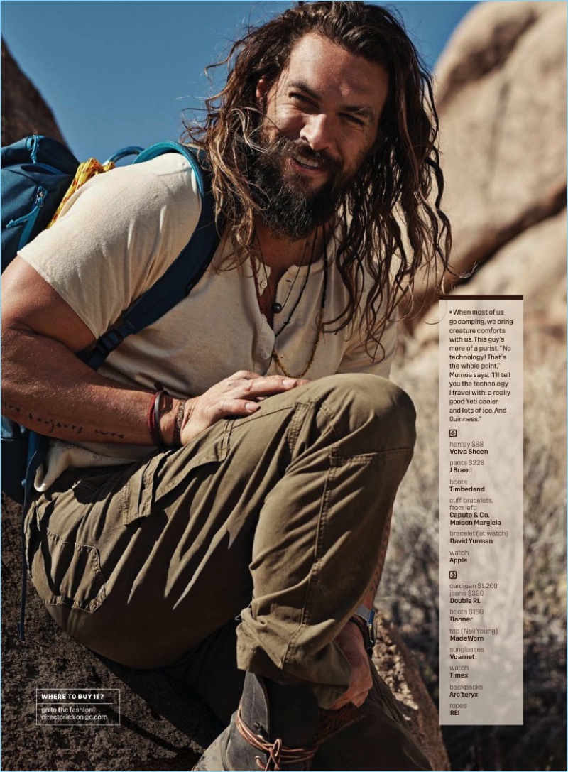 All smiles, Jason Momoa rocks a Velva Sheen henley with J Brand pants, and Timberland boots.