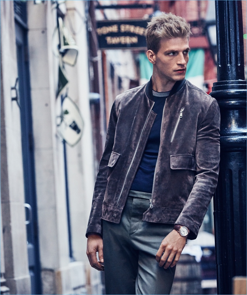 Dean Isidro photographs Jesse Shannon in a Brioni suede jacket with a Giorgio Armani t-shirt, Valentino pants, and a Brequet watch.