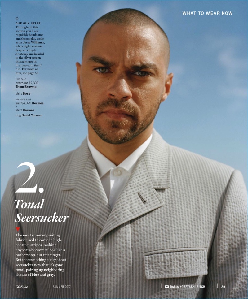 Actor Jesse Williams wears a seersucker Thom Browne overcoat with a BOSS Hugo Boss shirt.