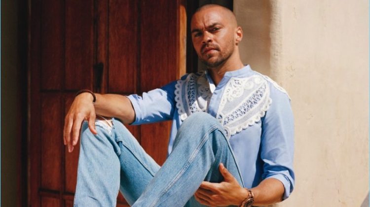 Making quite a statement, Jesse Williams wears a Burberry lace adorned shirt with Gucci jeans, a David Yurman bracelet and Omega watch.