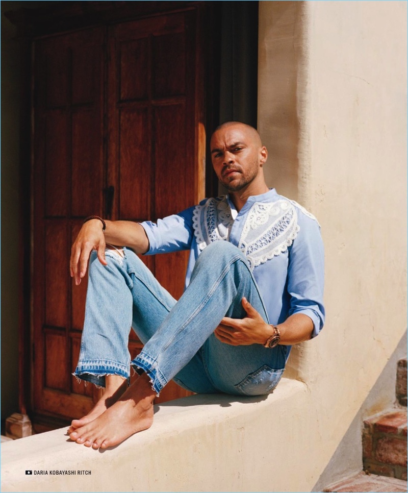 Making quite a statement, Jesse Williams wears a Burberry lace adorned shirt with Gucci jeans, a David Yurman bracelet and Omega watch.