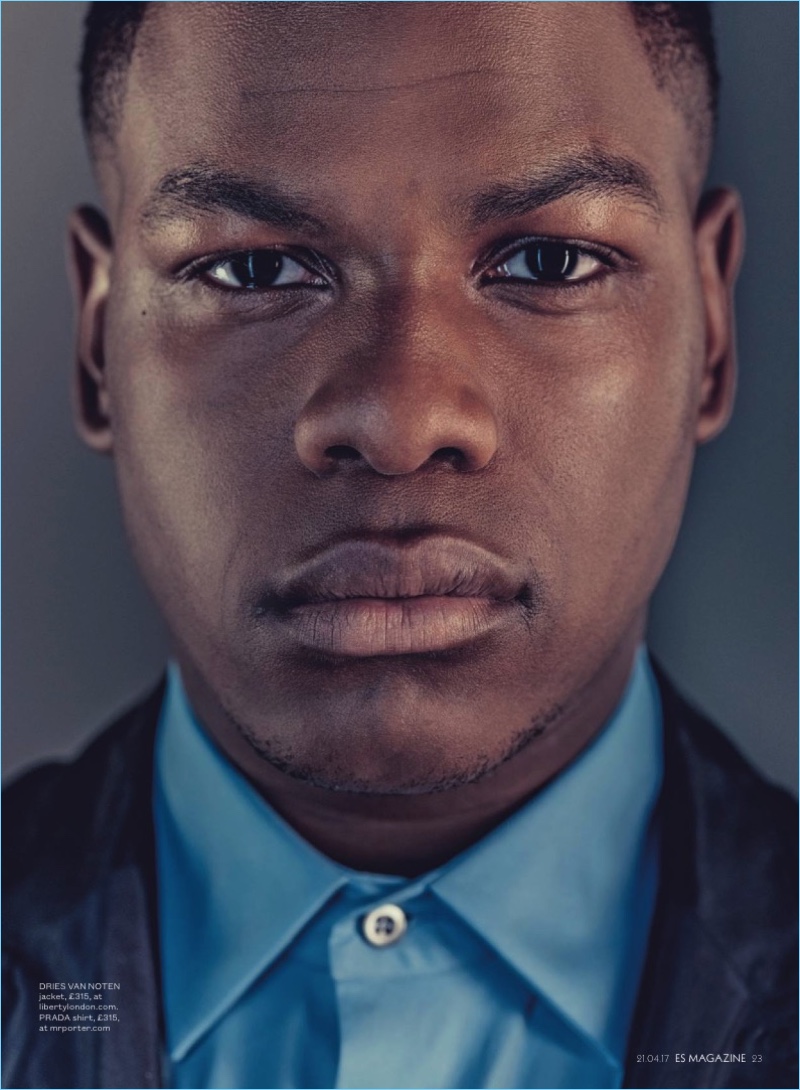 Actor John Boyega wears a Dries Van Noten blazer with a Prada shirt.