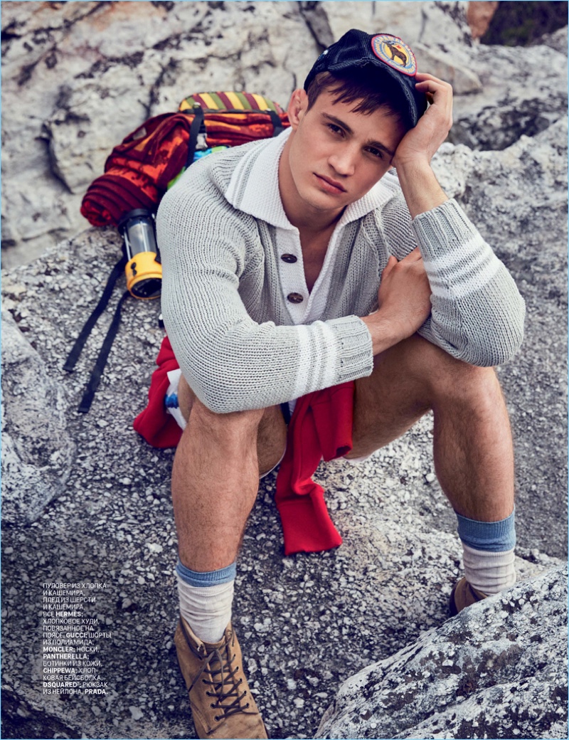 Julian Schneyder wears fashions from the likes of Hermes and Moncler for a hiking-inspired editorial.