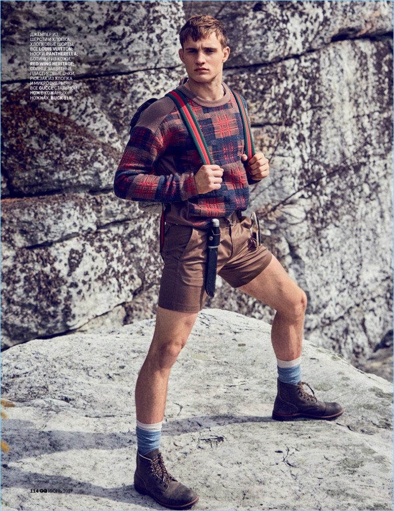 Julian Schneyder stars in a rock climbing-inspired fashion editorial for GQ Russia.