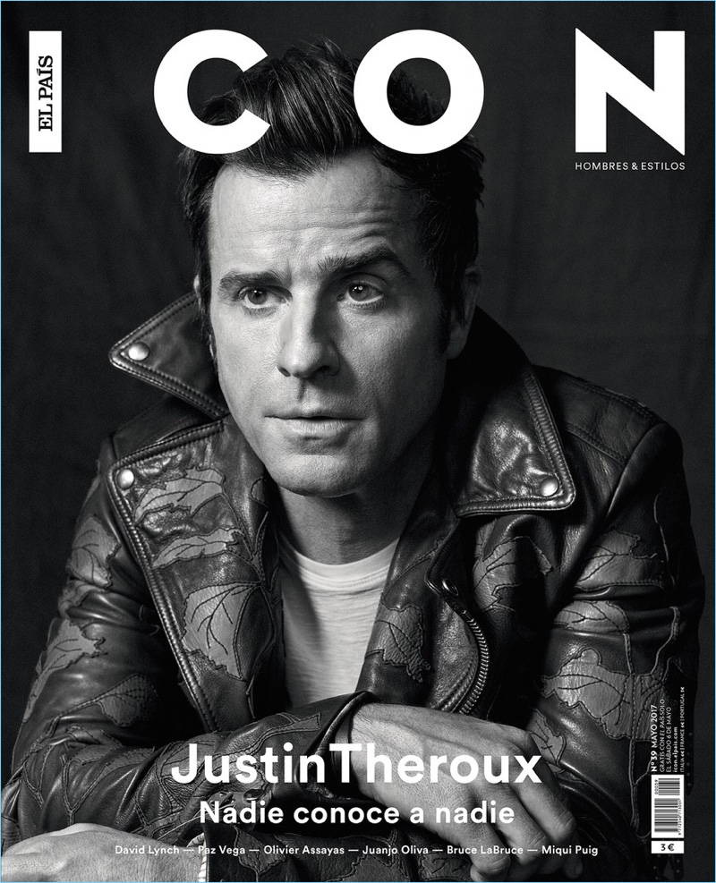 Justin Theroux covers the May 2017 issue of Icon El País in a Gucci leather biker jacket.