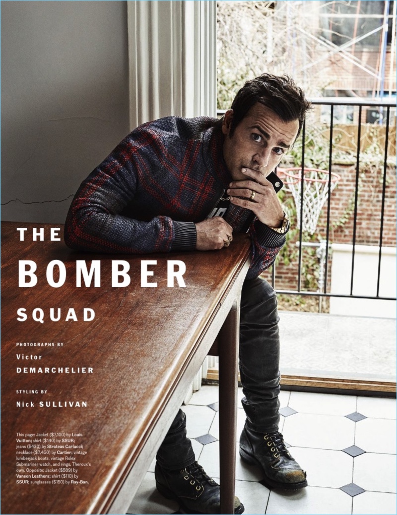 Justin Theroux wears a Louis Vuitton check bomber jacket with a SSUR shirt, Strateas Carlucci jeans, and his own boots.