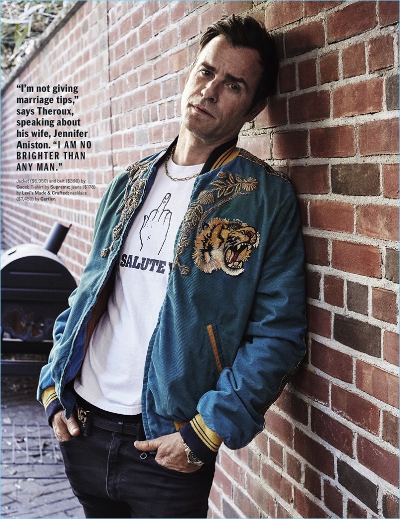 Actor Justin Theroux sports a Gucci jacket and belt with a Supreme t-shirt. Theroux also rocks Levi's Made & Crafted jeans with a Cartier necklace.