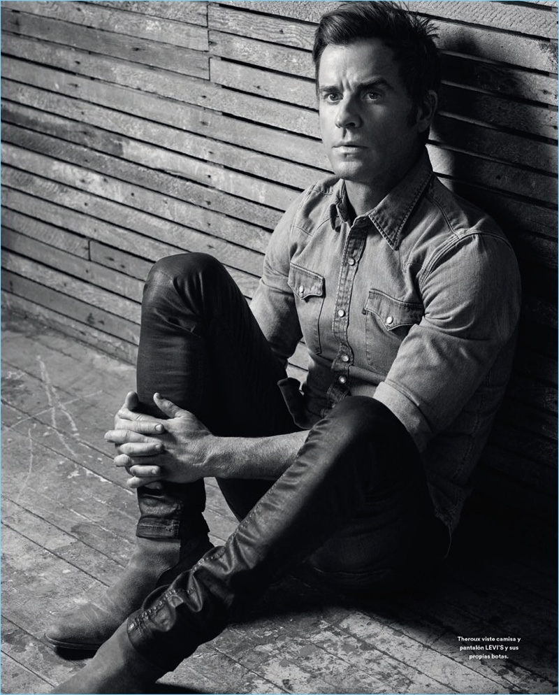 Michael Schwartz photographs Justin Theroux in a denim shirt and jeans by Levi's with his own boots.