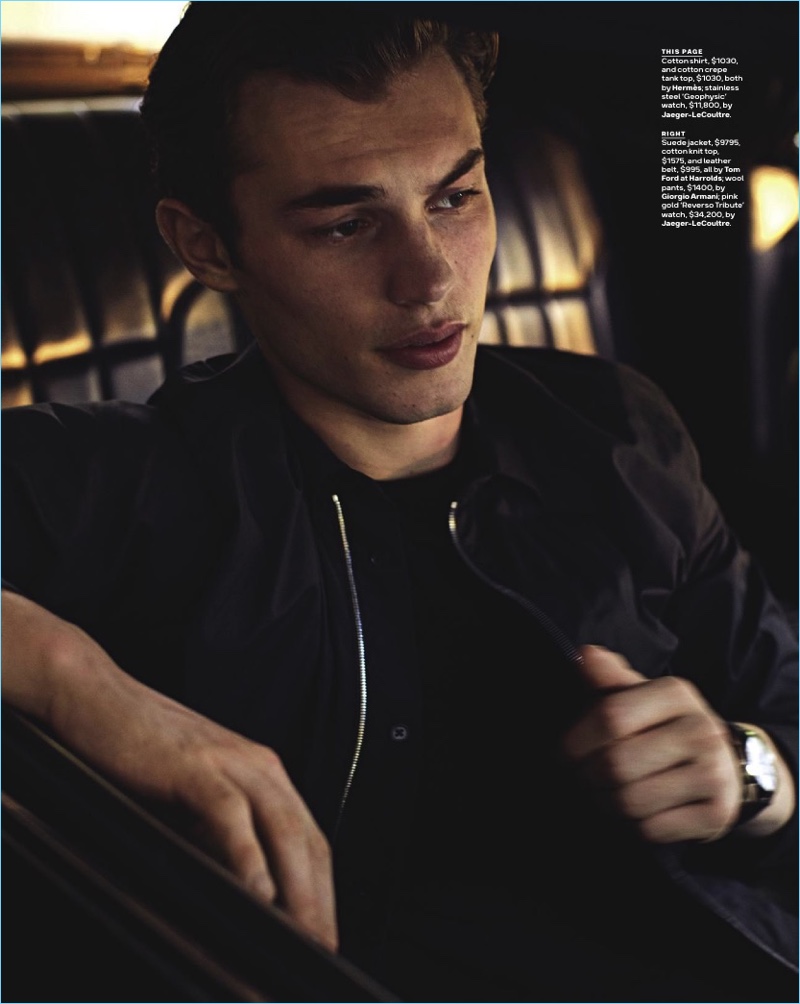 Ready for his close-up, Kit Butler wears a shirt and tank by Hermes with a Jaeger-LeCoultre watch.