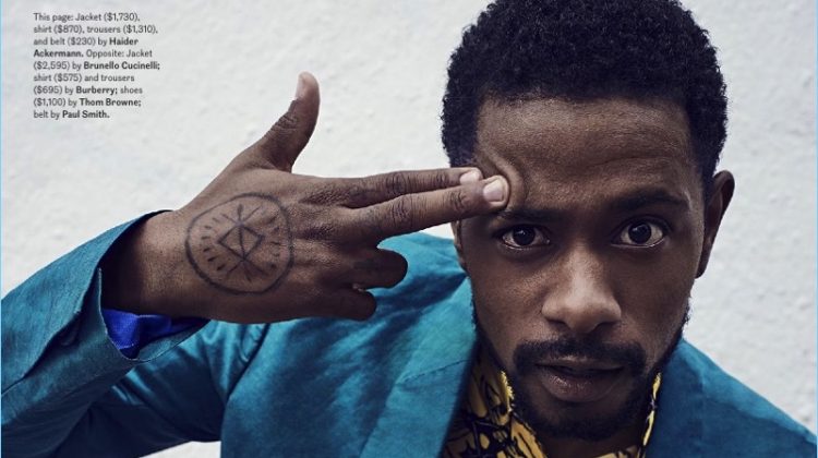 Lakeith Stanfield wears a shirt, jacket, belt, and trousers by Haider Ackermann.
