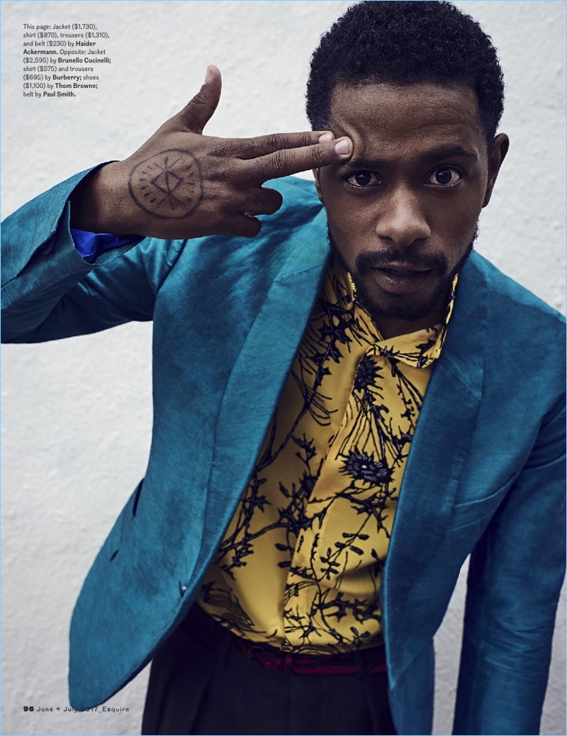 Lakeith Stanfield wears a shirt, jacket, belt, and trousers by Haider Ackermann.