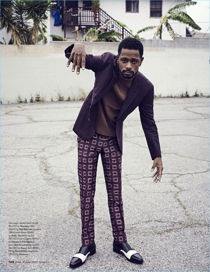 A dapper image, Lakeith Stanfield wears a Hermes suit jacket with a Neil Barrett top. The actor also dons trousers and shoes by Bally.