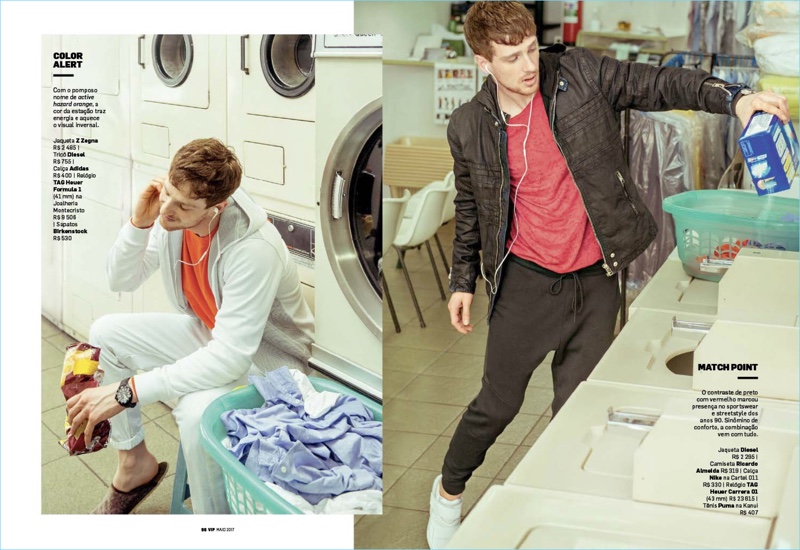 Left to Right: Lucas Mascarini wears a Z Zegna jacket with Adidas pants, a Diesel tee, and Birkenstock shoes. Doing laundry Lucas wears a Diesel jacket with a Ricardo Almeida tee and Nike pants. He also sports Puma sneakers.