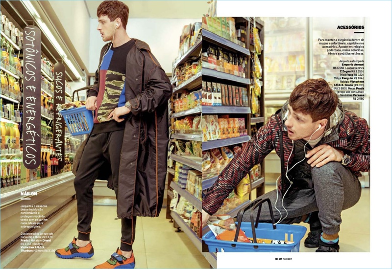 Left to Right: Grocery shopping, Lucas Mascarini wears a sporty look by Prada with a Diesel sweatshirt. Filling his basket, Lucas rocks an Emporio Armani jacket layered over one by Z Zegna. He also wears a Paco tee and Pengin pants with Versace sandals.