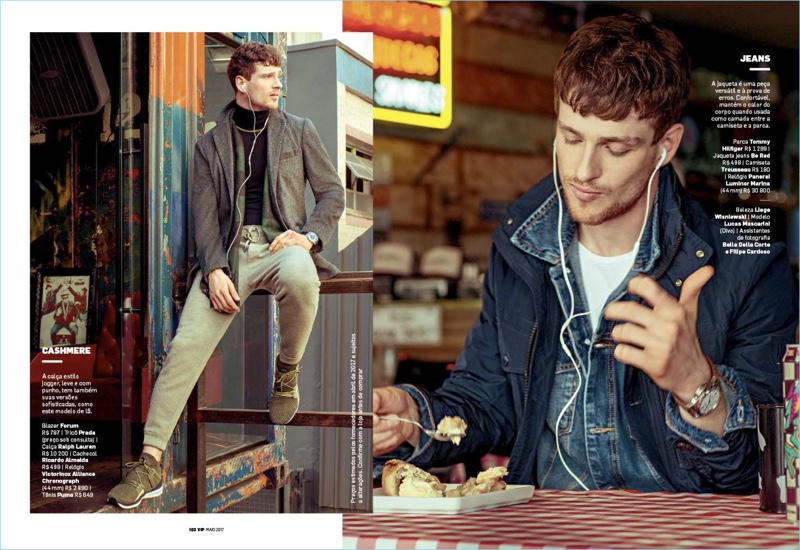 Left to Right: Taking a break outside, Lucas Mascarini wears a Forum blazer with a Prada sweater and Ralph Lauren pants. Lucas also sports a Ricardo Almelda scarf and Puma sneakers. Grabbing a bite to eat, Lucas rocks a Tommy Hilfiger jacket with a Be Red denim jacket.