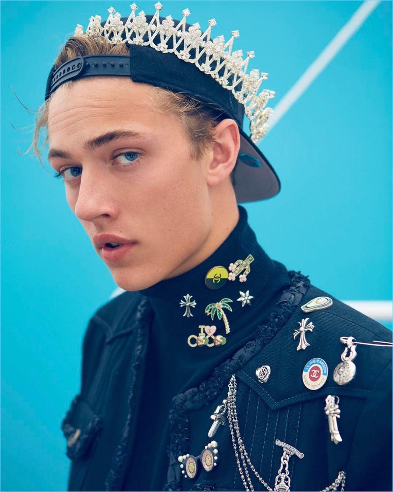 Model Lucky Blue Smith wears fashions from Chanel and Dsquared2 with ornate adornments. 