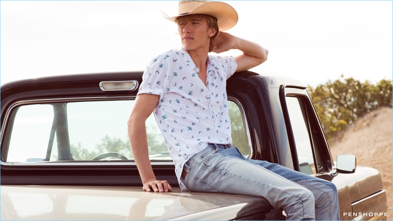 Model Lucky Blue Smith channels his western side in a cowboy hat for Penshoppe's spring-summer 2017 campaign. 
