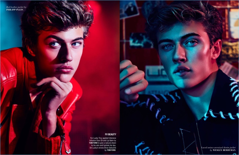 Left: Lucky Blue Smith wears a Philipp Plein red leather jacket. Right: Lucky sports an oversized denim jacket by Wesley Berryman.