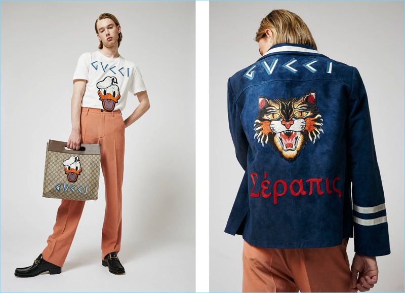 Anton Toftgard is clad in Gucci for Luisaviaroma. He wears a Donald Duck Gucci tee with peach pink trousers $750 and leather loafers $695. Drawing attention to Gucci’s Donald Duck obsession, Anton also carries a tote bag $2,490. Taking a walk on the wild side, he sports a Gucci military suede shirt jacket $4,800.