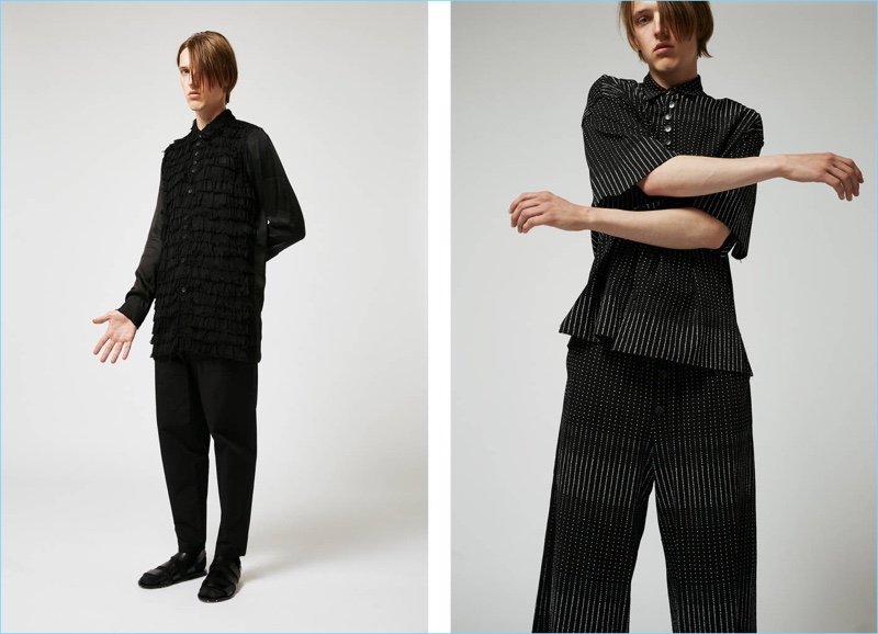 Golo Fischer wears Damir Doma. Left: Golo sports a Damir Doma ruffles shirt $716, pleated pants $512, and leather sandals $355. Right: Golo rocks a Damir Doma printed cotton shirt $716 and trousers $632.
