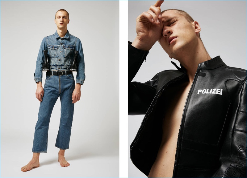Left: Artur Avramchuk wears a Vetements denim jacket with Vetements x Levi’s zipped crotch denim jeans $1,260. Right: Artur rocks a Vetements Polizei cropped leather moto jacket $5,590.