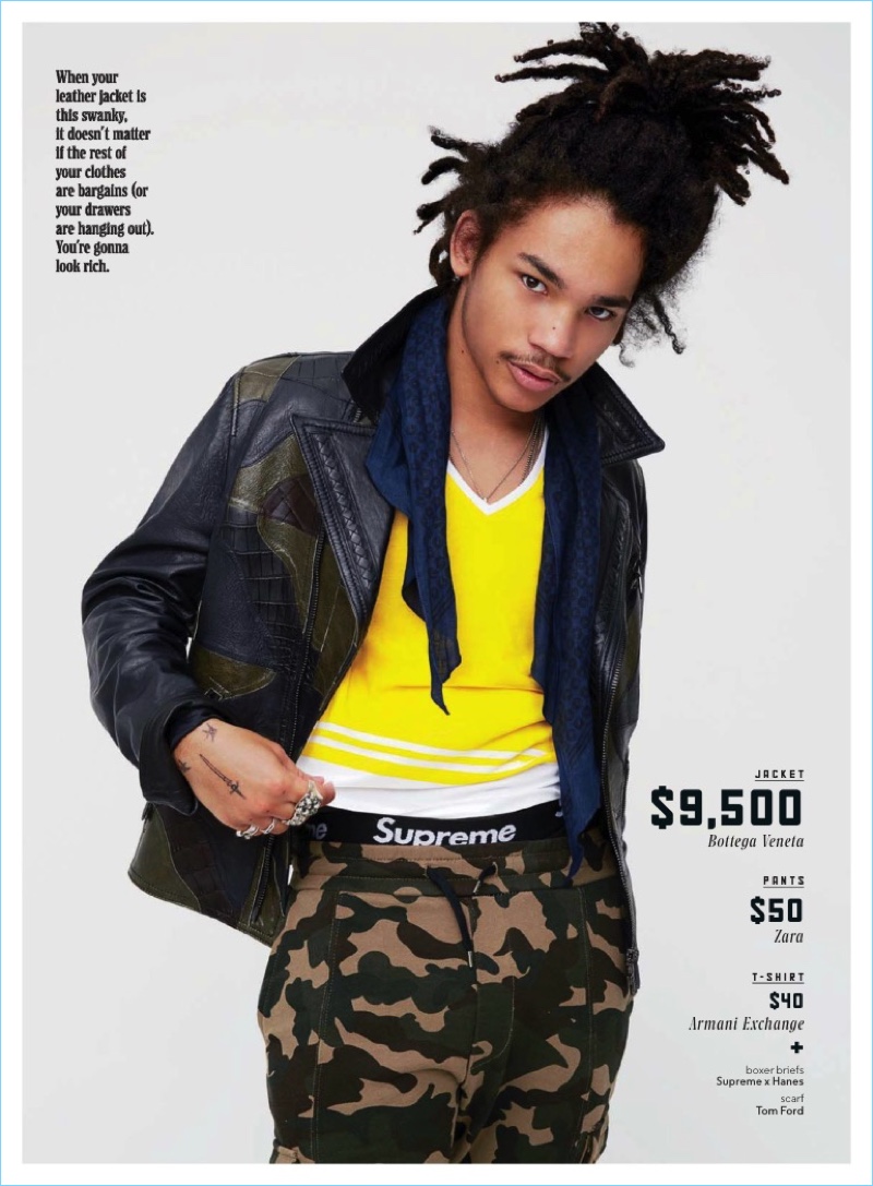 Front and center, Luka Sabbat rocks a Bottega Veneta leather jacket with an Armani Exchange v-neck, Zara pants, Supreme x Hanes underwear, and a Tom Ford scarf.