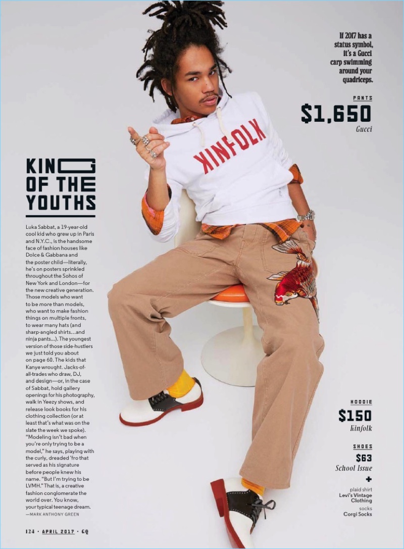 Kai Z Feng photographs Luka Sabbat in a Kinfolk hoodie with Gucci pants, a Levi's Vintage Clothing plaid shirt, Corgi socks, and School Issue shoes.