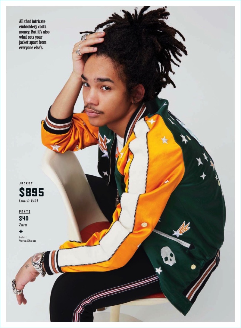 Appearing in a GQ photo shoot, Luka Sabbat wears a Coach 1941 jacket, Zara pants, and a Velva Sheen t-shirt.