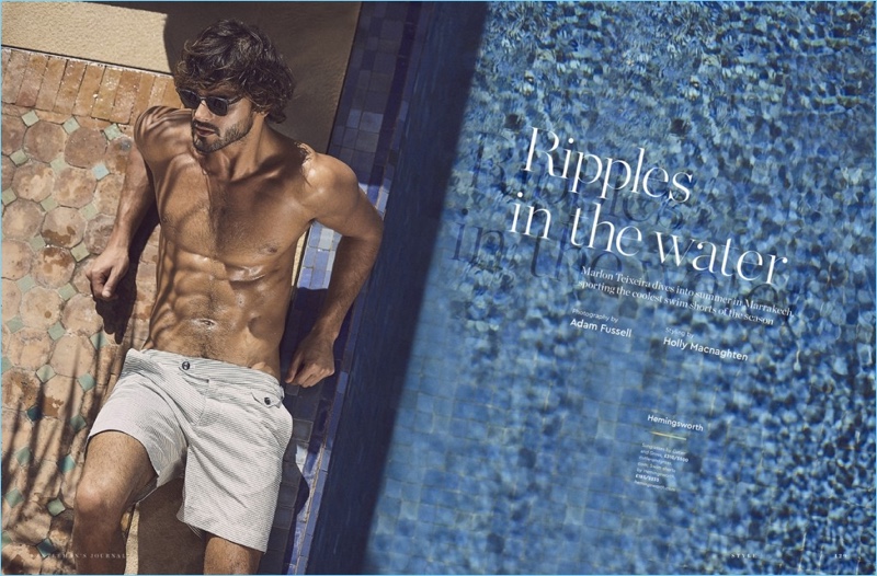 Marlon Teixeira wears Cutler & Gross sunglasses with Hemingsworth swim shorts.