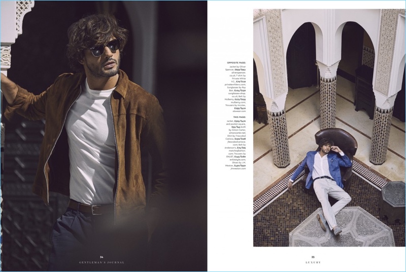Left: Marlon Teixeira wears an Oliver Spencer suede jacket with a Private White V.C. t-shirt. The Brazilian model also sports Ray-Ban sunglasses with a Mulberry belt, and Incotex trousers. Right: Marlon models a Simon Carter jacket and pocket square. The top model also dons a Frescobol Carioca shirt, Anderson's belt, Enlist trousers, and J.M. Weston shoes.