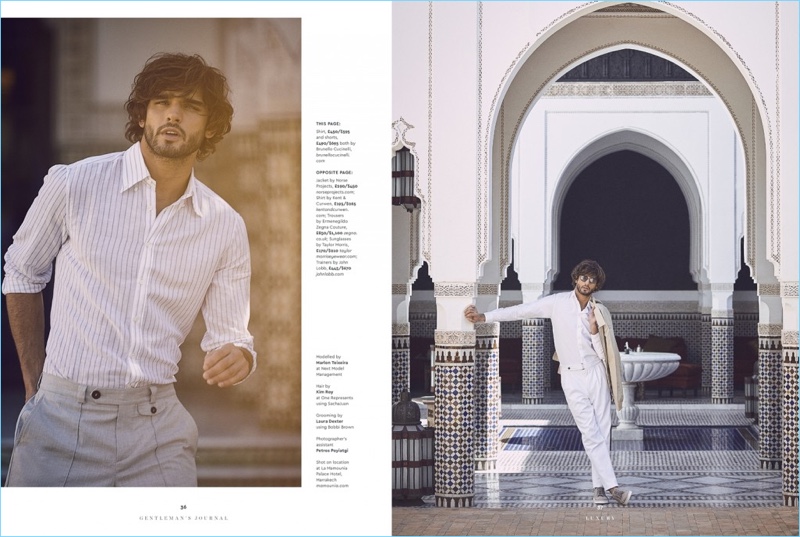 Left: Marlon Teixeira wears a shirt and shorts by Brunello Cucinelli. Right: Marlon dons a Norse Projects jacket with a Kent & Curwen shirt. The Brazilian model also sports Ermenegildo Zegna Couture trousers, Taylor Morris sunglasses, and John Lobb trousers.