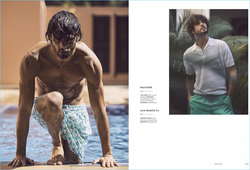 Left: Emerging from the pool, Marlon Teixeira wears Love Brand & co. swim shorts. Right: Marlon sports a John Smedley polo shirt with Paul Smith swim shorts.