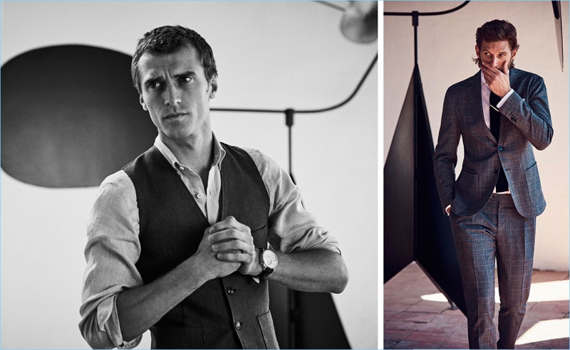 Left: Clément Chabernaud dons a waistcoat and smart shirt from Massimo Dutti. Right: RJ Rogenski sports a check suit from the Spanish brand.