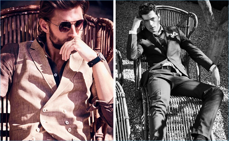 Left: RJ Rogenski lounges in a smart waistcoat with a linen shirt. Right: Sean O'Pry dons Massimo Dutti suiting.