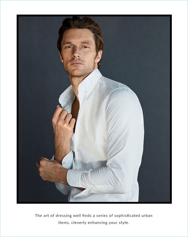 South African model Shaun DeWet sports a smart white shirt from Massimo Dutti.