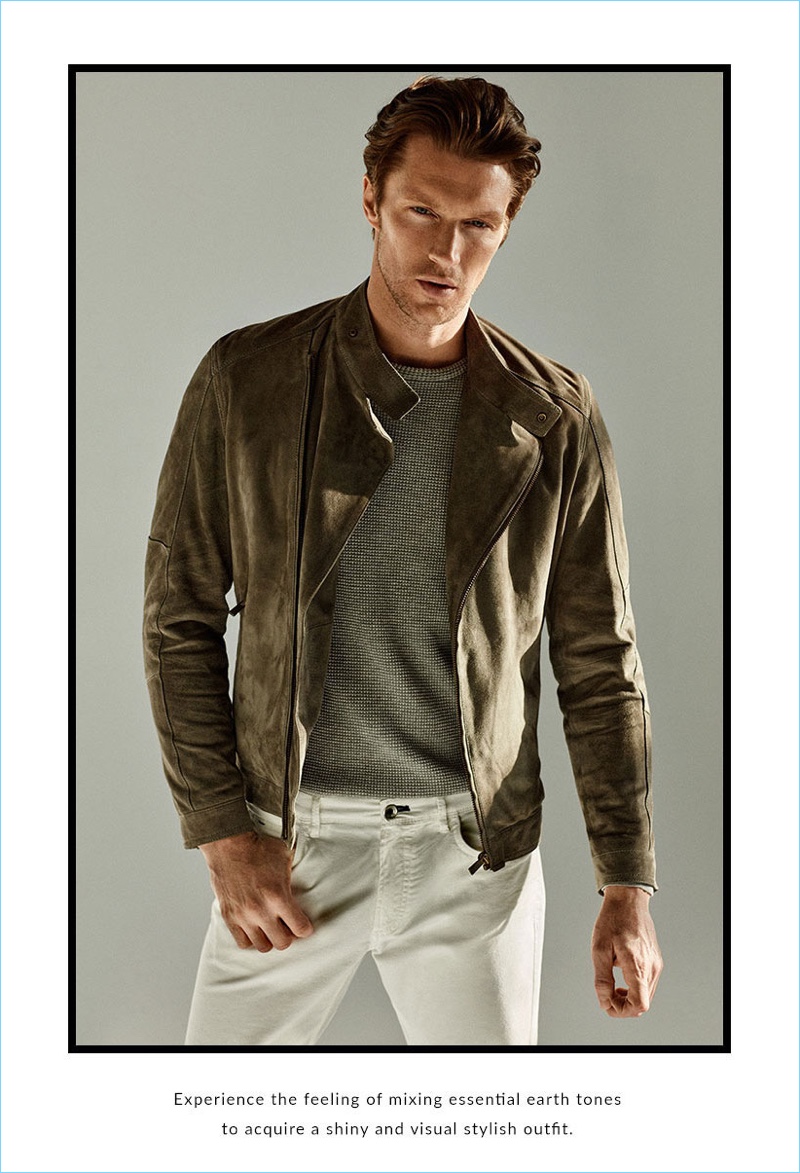 Massimo Dutti reunites with Shaun DeWet, spotlighting pieces such as a brown suede jacket.