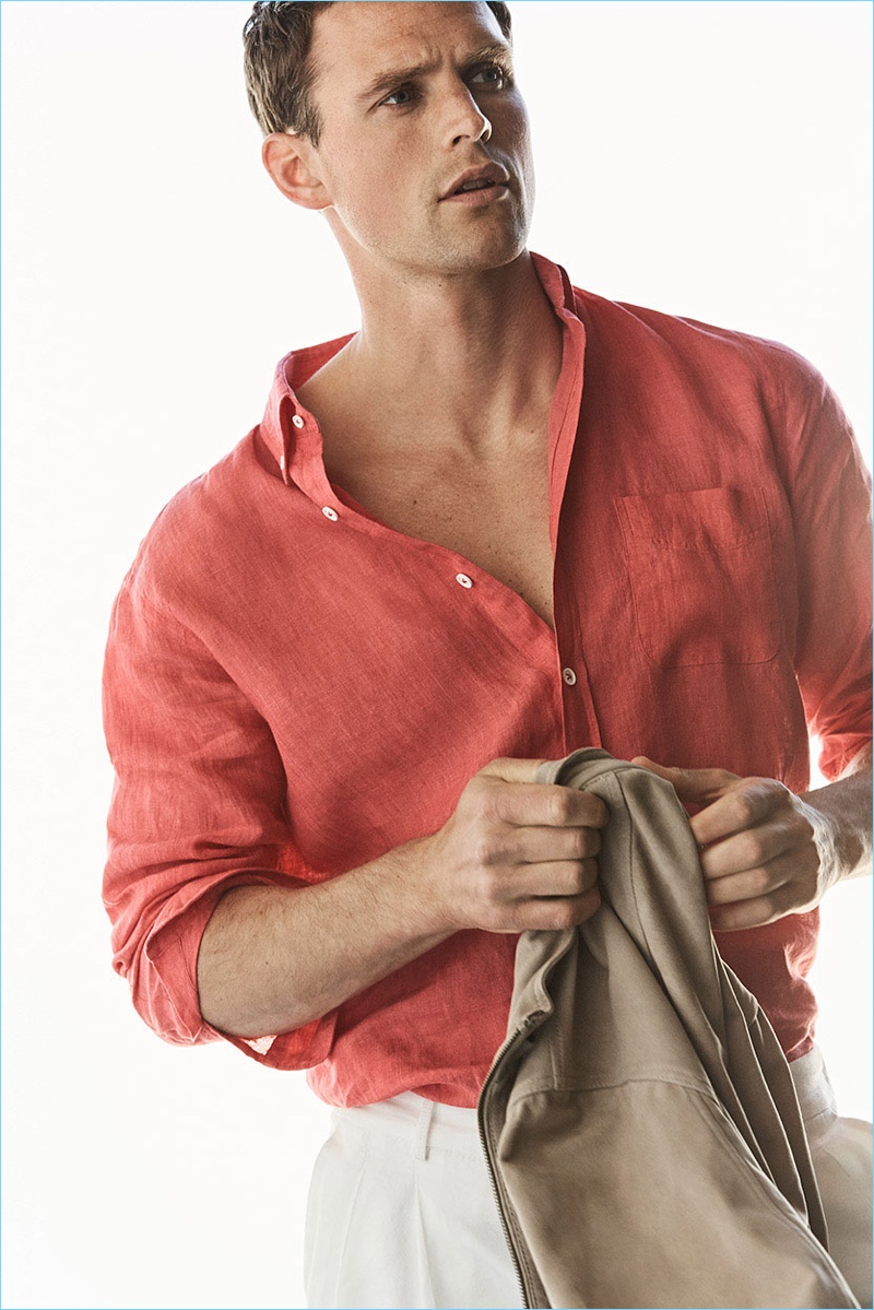 Making a case for color, Guy Robinson sports a coral linen shirt from Massimo Dutti.