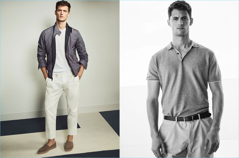 American model Garrett Neff dons smart pieces such as cropped chinos and the polo from Massimo Dutti.