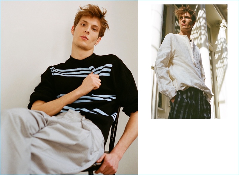 Left: Felix Gesnouin wears an Acne Studios sweater with Tomorrowland wide-leg chinos $356. Right: Felix rocks a linen J.W. Anderson shirt with Tomorrowland striped wide-leg trousers $468.