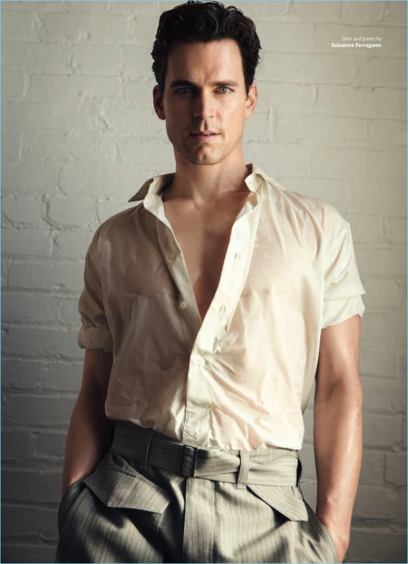 Embracing relaxed tailoring, Matt Bomer sports a shirt and trousers from Salvatore Ferragamo.