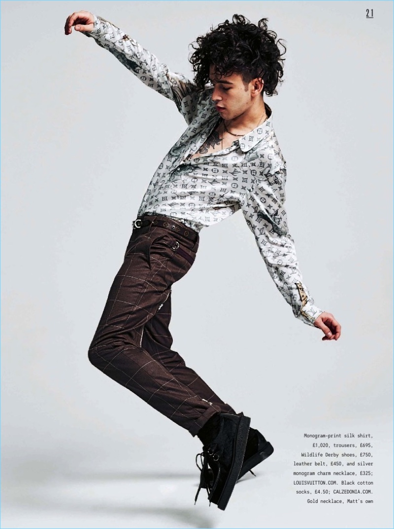 The 1975's Matt Healy rocks a Louis Vuitton shirt, trousers, and shoes.