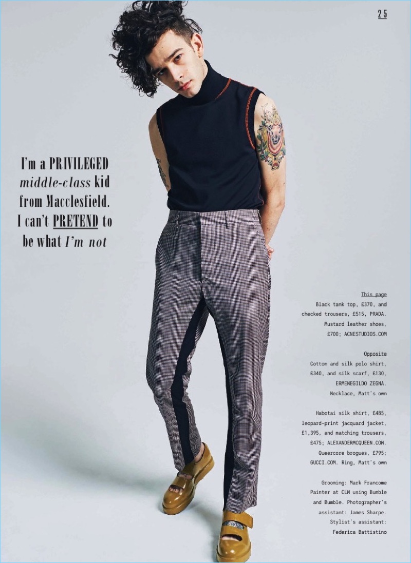 Starring in a photo shoot, Matt Healy wears a tank and checked trousers by Prada with Acne Studios shoes.