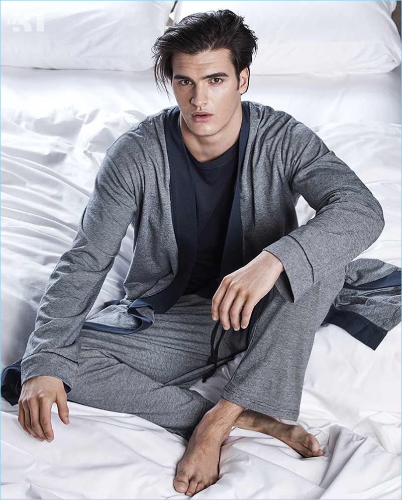 Spending a day in bed, Matthew Terry models loungewear from LE 31.